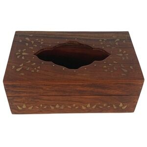 SouvNear Handmade Wooden Tissue Box Cover Brass Floral Inlay Brown Rectangular